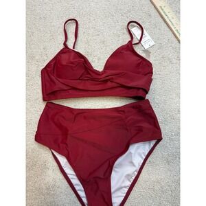 CupShe Women Burgundy Twisted Plunge High Waist Bikini Set Size S